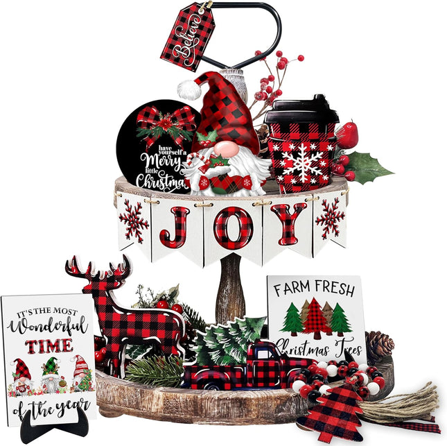 Christmas Tiered Tray Decoration Set Wooden Farmhouse Tray Decor Seasonal Winter Rustic Wood Sign Tabletop Centerpiece with Wood Bead Garland Christmas Table Decor for Home Kitchen (Decor-01)