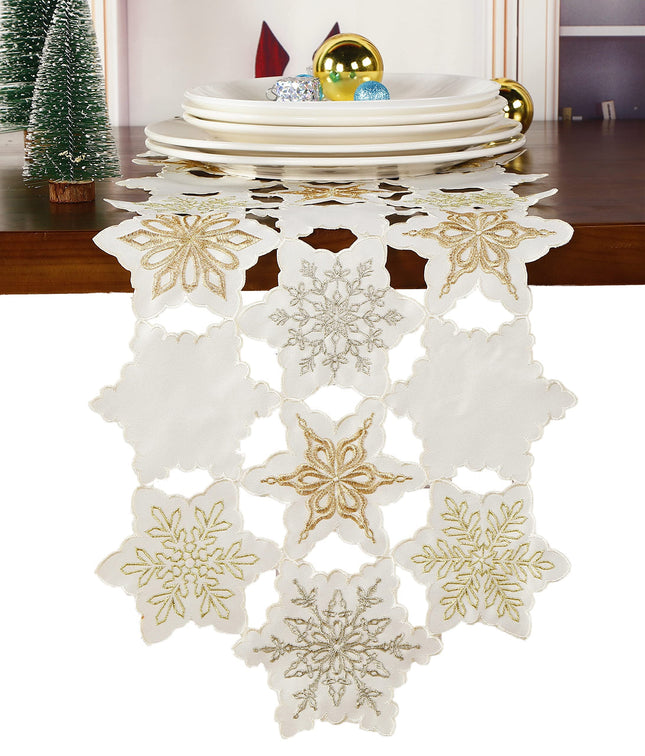 GRANDDECO Christmas Holiday Table Runner with Embroidered Elegant Snowflake Festive Winter Table Topper for Family Xmas Home Kitchen Dinner Party Table (Table Runner 13X54(33X137cm), White)