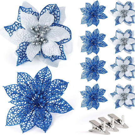 ilauke 24Pcs Poinsettias Artificial Christmas Flowers, 6" Glitter Artificial Christmas Flowers with 30 Sliver Clips, for Xmas Tree Ornaments Wedding Party Wreath Decor (Blue)