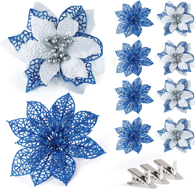ilauke 24Pcs Poinsettias Artificial Christmas Flowers, 6" Glitter Artificial Christmas Flowers with 30 Sliver Clips, for Xmas Tree Ornaments Wedding Party Wreath Decor (Blue)