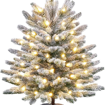 Yaheetech 2FT Pre-lit Potted Flocked Christmas Tree, Snow Frosted Mini Tabletop Artificial Christmas Tree with 35 Warm White LED Lights and 262 PE Branch Tips for Holiday Decoration