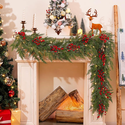 Dolicer 6FT Christmas Pine Garland, Artificial Cedar Garland with Red Berries, Lush Winter Greenery Garland with Lights for Mantel Home Fireplace Holiday Weeding Christmas Decorations