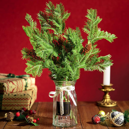 Watayo 8 Pcs Large Artificial Pine Needles Branches- 16" x 7" Christmas Fake Greenery Pine Picks with Pinecone- Faux Pine Leaves Sprigs for Christmas Garland Wreath & Home Garden Decoration