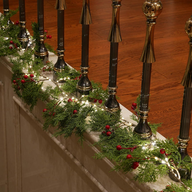 6 FT Christmas Garland with Lights for Mantle Cypress Garland with Red Berries Lighted Garland Battery Operated with Timer for Home Fireplace Christmas Decorations