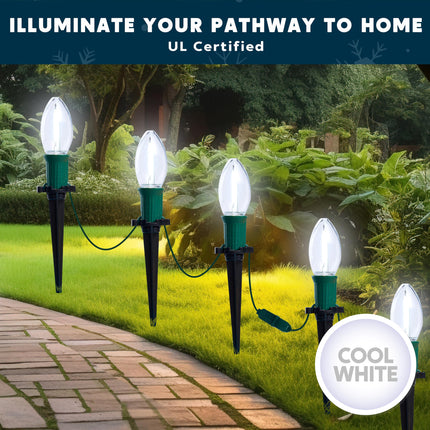 Joiedomi 30.75FT C9 Christmas Pathway Lights, 24 LED Bulbs Stake Lights, White Walkway Lights Waterproof Connectable Green Wire for Christmas Holiday Yard Garden Lawn Sidewalk Decoration