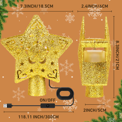 Christmas Tree Topper Lighted with 5 Projection Modes, Christmas Star Tree Topper Built-in LED Rotating Lights, Gold 3D Glitter Dynamic Projection for Christmas Tree Decorations