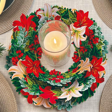 FreshCut Paper Pop Up Wreath, 15 inch Floral Paper Wreath, Reuseable Faux Flower Party Decoration & Indoor Wreath & Home Décor, 3D Popup Wreath with Blank Card, Winter Joy Wreath