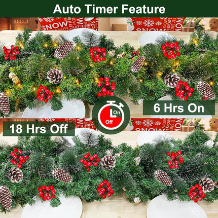 6 Ft by 10 Inch Pre-lit Artificial Christmas Garland 30 Warm Lights Timer 8 Modes Battery Powered 170 Branch Snowy Bristle Pine 132 Red Berries 12 Pinecone Xmas Decoration Indoor Home Mantle Fireplace