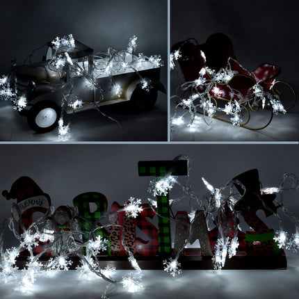 Holiday Essence Snowflake Christmas Lights, 50 Cool White LED 8 Modes 25 Ft Indoor Outdoor Snowflakes String Lights Set Battery Operated