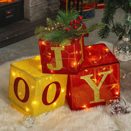 Hourleey Set of 3 Christmas Lighted Boxes, Pre-lit 60 LED Light Up Joy Present Boxes Ornament Decorations for Indoor Outdoor Xmas Tree Home Yard Lawn Decor
