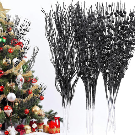 Libima 36 Pcs Christmas Tree Picks Artificial Glitter Berry Stem Ornaments 15.7 Inch Bead Sticks Pick Decorations Glittery Twigs for Xmas Tree Topper Wreath Vase Filler Home Decor (Black)