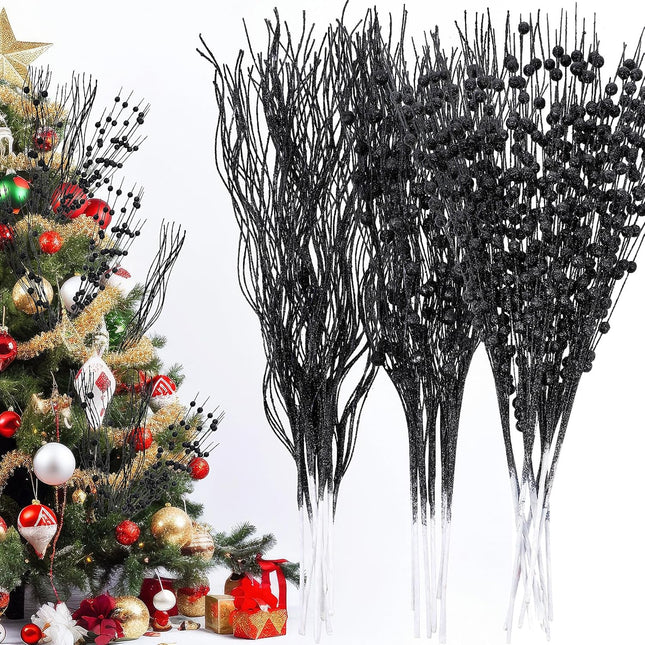 Libima 36 Pcs Christmas Tree Picks Artificial Glitter Berry Stem Ornaments 15.7 Inch Bead Sticks Pick Decorations Glittery Twigs for Xmas Tree Topper Wreath Vase Filler Home Decor (Black)