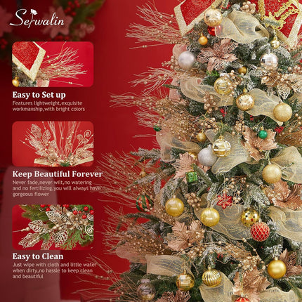 Serwalin 32 PCS Christmas Tree Picks Filler,Artificial Glitter Berry and Flowers Stem Branches Picks and Sprays for Xmas Tree Picks Decorations DIY Xmas Wreath, Crafts, Holiday Home Decor (Champagne)