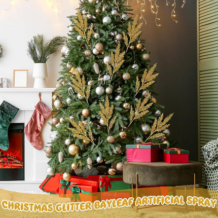 12 Pcs Christmas Artificial Pine Needles Faux Cedar Branches 17 Inch Glitter Fake Foliage Pine Stems Picks Christmas Tree Ornaments for DIY Xmas Garland Wreath Crafts Decoration(Gold)