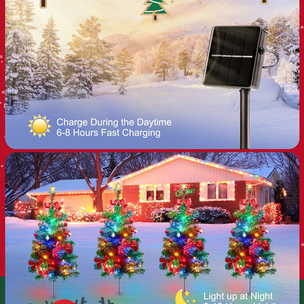 Solar Christmas Tree, 4 Packs Each 2.5 Ft Outdoor Lighted Christmas Tree with Multicolor Christmas Lights, Small Christmas Tree with Lights