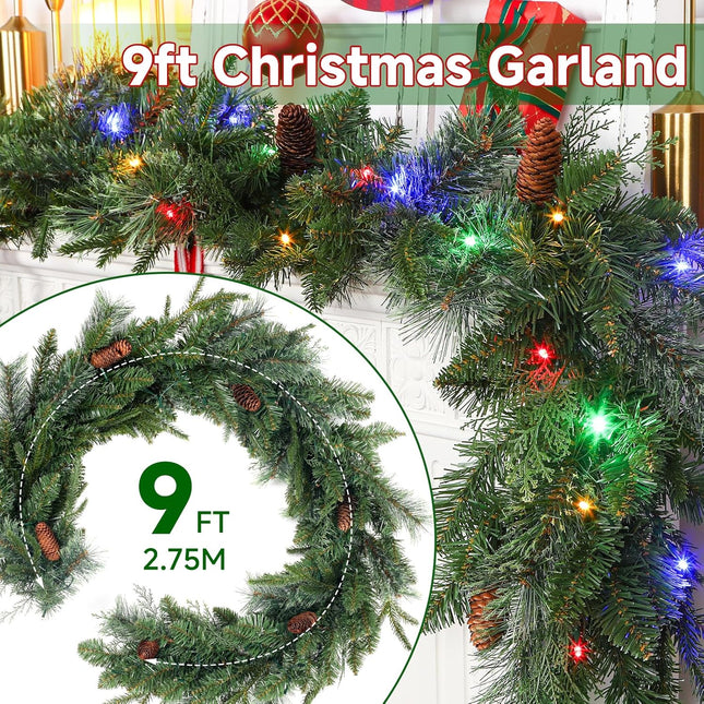 SHareconn 9FT Prelit Christmas Garland, Natural Rustic Cedar Pine with Pine Cones Decor and Multi-Color Battery-Operated LED Lights, for Mantle Stairs Fireplace Indoor/Outdoor Xmas Decoration
