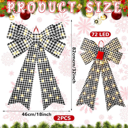 Liliful 2 Pcs 18 x 32 in LED Christmas Wreath Bows Extra Large Bows 72 LED Lights Wreath Huge Bow Door Wall Xmas Tree Top Decor for Indoor Outdoor Winter Xmas Party(Black White Buffalo Plaid)
