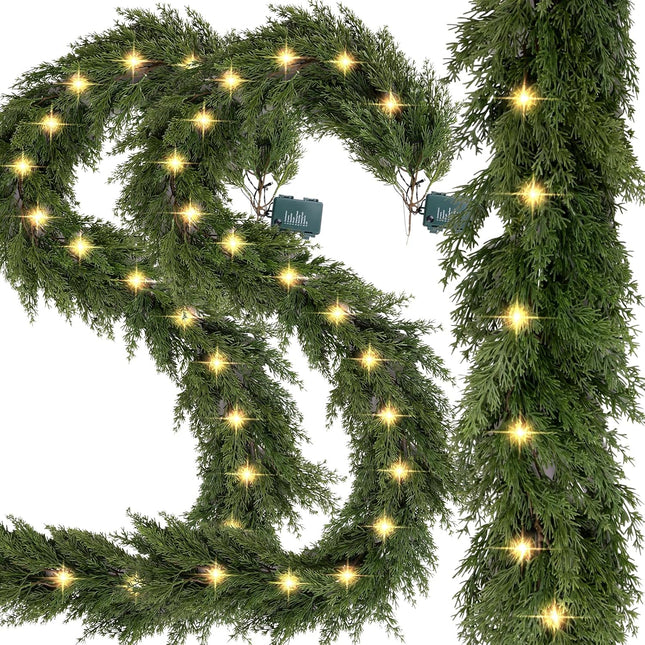 6.2 FT Prelit Christmas Cedar Garland 2 PCS, Realistic Artificial Pine Needle Garland Faux Cypress Greenery Garland with 20 Lights for Christmas Table Mantle Wall Room Outdoor Indoor Winter Decoration