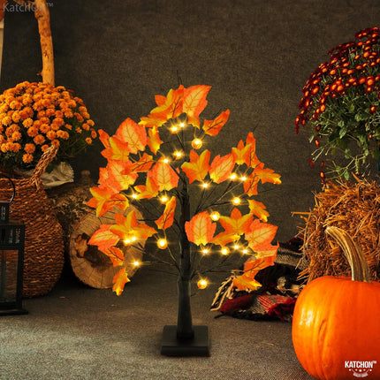 KatchOn, Artificial Maple Tree with Lights - 24 Inch 24 LED Lighted Fall Tree Light Up Maple Leaf Tree for Fall Decorations for Home, Office Autumn Trees With Lights for Thanksgiving Decorations