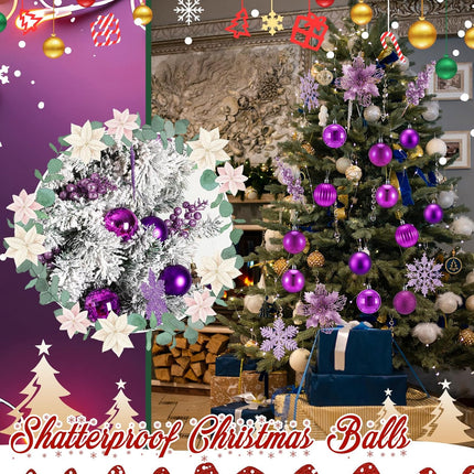 Ceenna 132 Pcs Christmas Tree Ornaments Set Glitter Poinsettia Flowers 2.36 inch Christmas Balls Snowflakes Decorations Artificial Berry Picks for Xmas Tree Wreath, Hooks Included (Purple,Lovely)