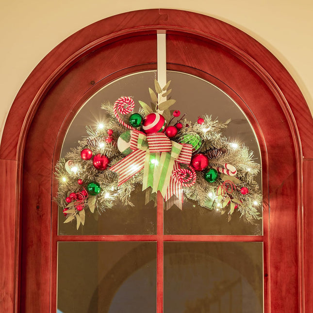 Valery Madelyn Pre-Lit Christmas Swag for Decorating Outdoor, 24 Inch Elf Red Green White Mailbox Swag Decoration Teardrop with 20 LED Lights, Ball Ornaments for Front Door Stairway Window Shelf Xmas