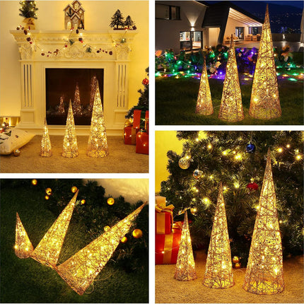 Lewondr Christmas Cone Trees, Set of 3 Christmas Tree with Lights and Glitters(24"/18"/12"), Battery Powered Decorative Winding Thread Outdoor Cone Christmas Tree for Home Holiday Xmas Décor, Gold
