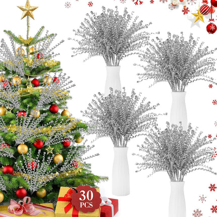 Tigeen 30 Pcs 16.5" Silver Christmas Tree Curly Picks Sprays Artificial Glitter Stems Glittery Twigs Branches for Christmas Tree Ornament Vase Filler DIY Garland Wreath Crafts Holiday Home Decor