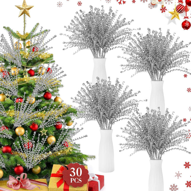 Tigeen 30 Pcs 16.5" Silver Christmas Tree Curly Picks Sprays Artificial Glitter Stems Glittery Twigs Branches for Christmas Tree Ornament Vase Filler DIY Garland Wreath Crafts Holiday Home Decor