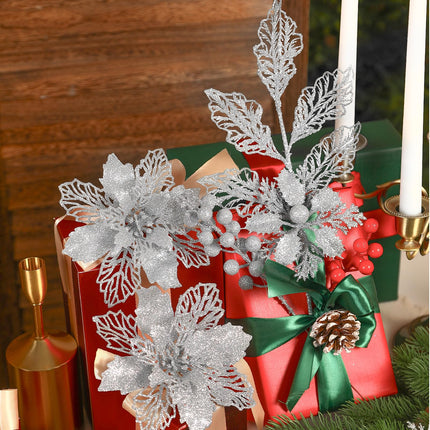 24 Pcs Artificial Glitter Christmas Tree Picks, Boxed 12 Poinsettia Flowers+ 6 Berry Stems+ 6 Flowers Berry Leaves Decorations Set, Indoor Outdoor Holiday Ornaments Decor, Sliver