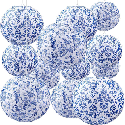 Retisee 12 Pcs Chinoiserie Paper Lantern Set 10 Inches Blue and White Porcelain Print Christmas Hanging Decorations Chinese Round Lantern Ceiling Birthday Party Baby Shower Wedding Home Decor
