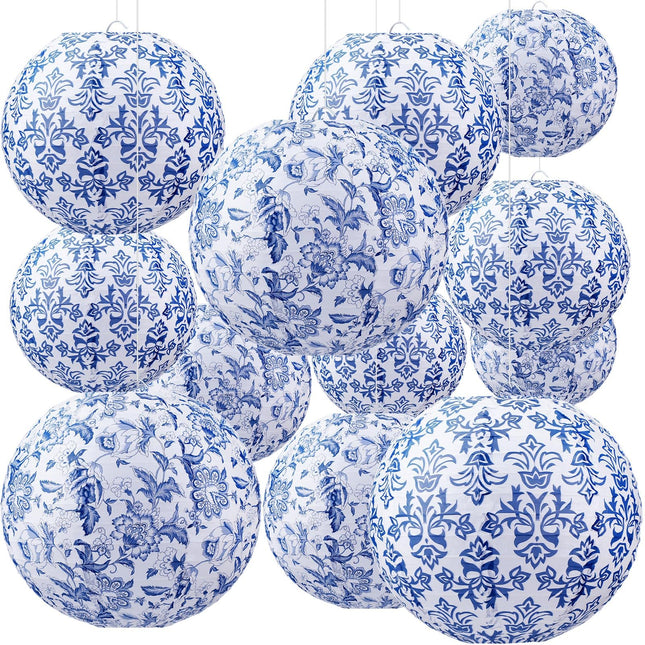 Retisee 12 Pcs Chinoiserie Paper Lantern Set 10 Inches Blue and White Porcelain Print Christmas Hanging Decorations Chinese Round Lantern Ceiling Birthday Party Baby Shower Wedding Home Decor