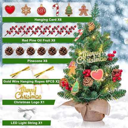 24" Mini Christmas Tree with LED Lights, Small Tabletop Christmas Tree for Indoor Christmas Decorations with Sign, Red Berries, Pine Cones, Hanging Cards,Ideal Christmas Decor for Home, Office & Party
