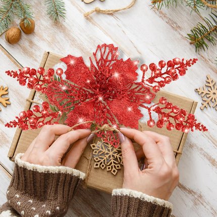 Sggvecsy 24 Pcs 2 Styles Christmas Glitter Poinsettia Flowers Artificial Berry Picks Christmas Tree Ornaments Artificial Christmas Flowers with Clips for Xmas Wedding Wreath Floral Decorations（Red）