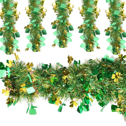 33FT St.Patrick's Day Tinsel Garland Gold Green Shamrock Hat Metallic Garland for Home Indoor Outdoor Irish Party Supplies