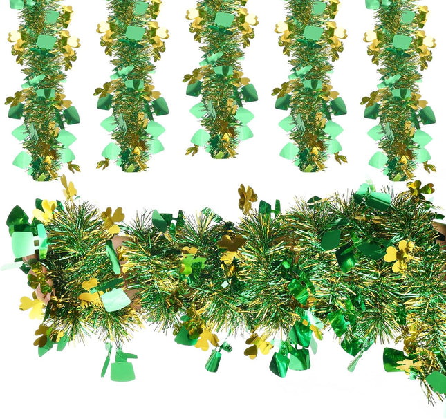 33FT St.Patrick's Day Tinsel Garland Gold Green Shamrock Hat Metallic Garland for Home Indoor Outdoor Irish Party Supplies