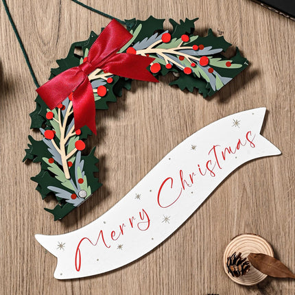 Christmas Wreath for Front Door, Wooden Christmas Door Wreath with Red Ribbon, Merry Christmas Wreath with Foldable Design and Magnets, Hanging Wreath for Holiday Rustic Farmhouse Wall Decor