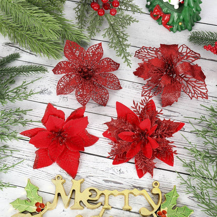 Whaline 24Pcs Christmas Poinsettias Xmas Red Glitter Artificial Flowers with 24Pcs Clips for Wreath Xmas Tree Ornament Wedding Party Decor