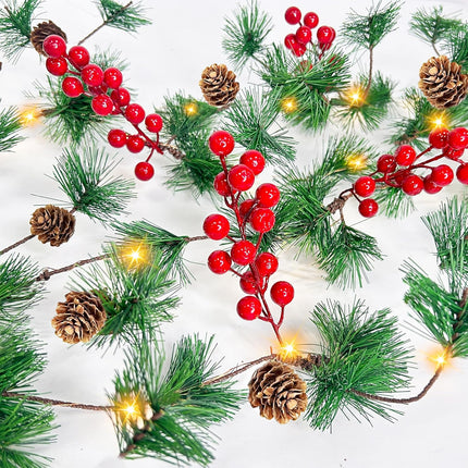 10Ft 30 LED Prelit Christmas Garland with Lights Timer, Garlands for Decoration Christmas Battery Operated Pine Cones Red Berries Lighted Garland for Mantle Home Indoor Xmas Decor, Warm White