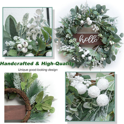 Winter Christmas Wreaths Front Door Decoration, Soomeir Artificial Wreath with Snow Leaves, Pines Needles and Hello Wooden Sign for Home Window Mantle Indoor Outdoor Decor