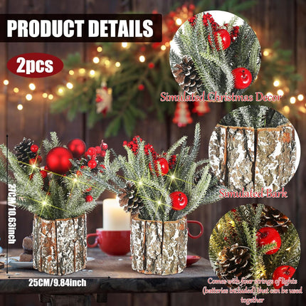 Lyrow 2 Pcs Small Christmas Tree Tabletop Mini Christmas Tree with Lights Artificial Mini Tabletop Christmas Tree Prelit Potted Decorations with Berries Pine Cones for Home Party 10.63 x 9.84 Inches