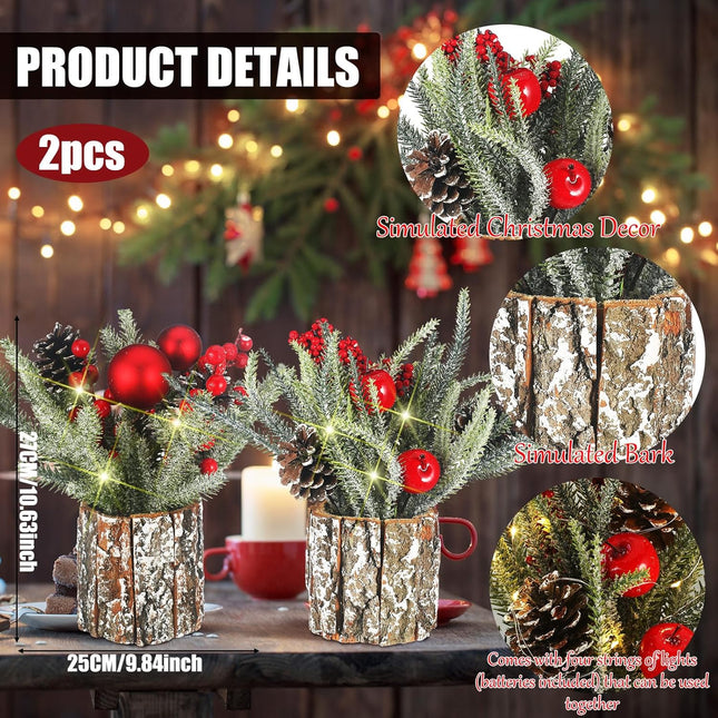 Lyrow 2 Pcs Small Christmas Tree Tabletop Mini Christmas Tree with Lights Artificial Mini Tabletop Christmas Tree Prelit Potted Decorations with Berries Pine Cones for Home Party 10.63 x 9.84 Inches
