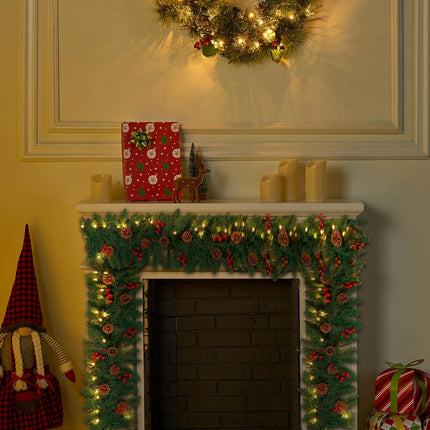 Joiedomi 9Ft Artificial Christmas Garland Prelit with LED Lights, 27 Pine Cones, 27 Red Berries for Home & Office Christmas Indoor and Outdoor Decorations (Battery Powered, Batteries not Included)
