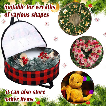 4 Pcs Christmas Wreath Storage Bag 24 Inch 30 Inch Large Buffalo Plaid Wreaths Storage Container Zippered Wreaths Holder with Handles for Xmas Holiday Party Seasonal Storage Wrapping(Black and Red)