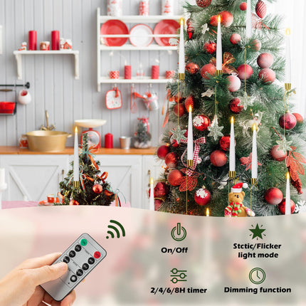 Flameless Taper Candles for Christmas Tree Decorations, Battery Operated Christmas Candles with Remote, 12 Pack Flickering LED Candles with Clear Snowflake Hooks for Xmas Tree Decoration