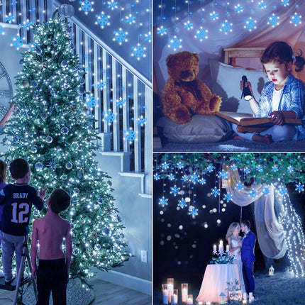 Christmas Snowflake Icicle Lights,6.5ft 144LED Curtain Lights with 12 Drops,Timer 8 Modes Connectable,Waterproof Fairy Light for Eaves, Garden, Indoor Outdoor Xmas Decoration (Blue White)