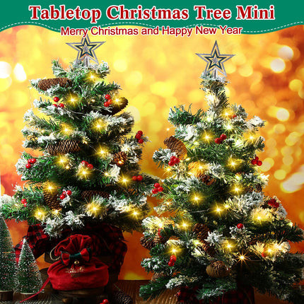 2 Pcs 2FT Mini Christmas Trees with Lights Artificial Christmas Trees Tabletop with Berries Pine Cones Hanging Ornaments Red Lattice Cloth Base Holiday Party Xmas Decorations, Sliver