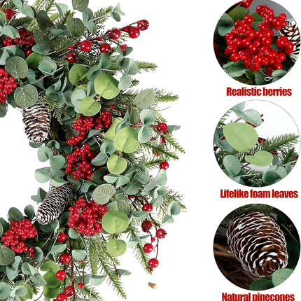 Sggvecsy 22 Inch Artificial Christmas Wreath for Front Door Xmas Red Berry Wreath with Pine Needles Pine Cones Eucalyptus Leaves Christmas Decorations for Winter Wall Outdoor Home Holiday Xmas Decor