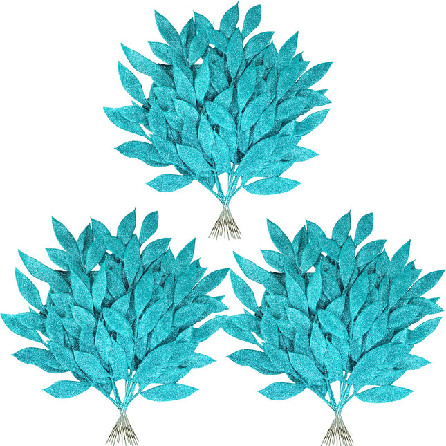 Winlyn 40 Pcs Teal Glitter Bay Leaf Sprays Artificial Christmas Tree Picks Sprays 12.7" Tall for Teal Christmas Tree Winter Wreath Swag Floral Arrangement Vase Wedding Bouquet Centerpiece Decoration