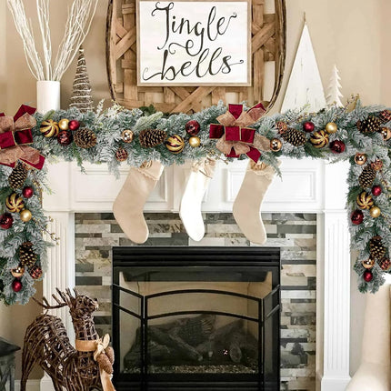Christmas Garland for Front Door, 6 Foot Artificial Unlit Winter Garland with Pine Cones, Berry Clusters, Burgundy Ball Ornaments and Ribbon for Thanksgiving Holiday Christmas Decoration
