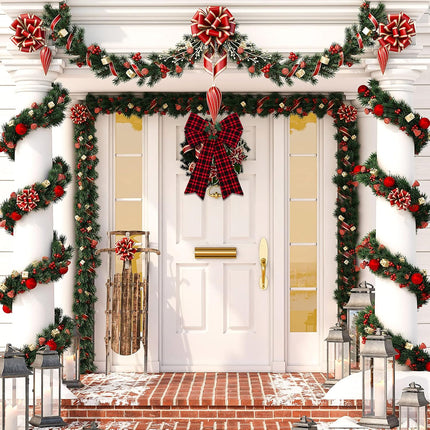 MCEAST 2 Pieces Christmas Red Bows Christmas Wreath Bows Xmas Buffalo Plaid Bows with Pine Cones Ornaments for Christmas Tree Indoor Outdoor Decorations (Black, Red, Green)